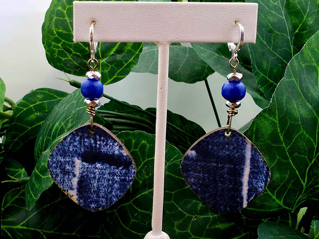 Small Groovy WOOD Dangles - Denim Print w/Beads