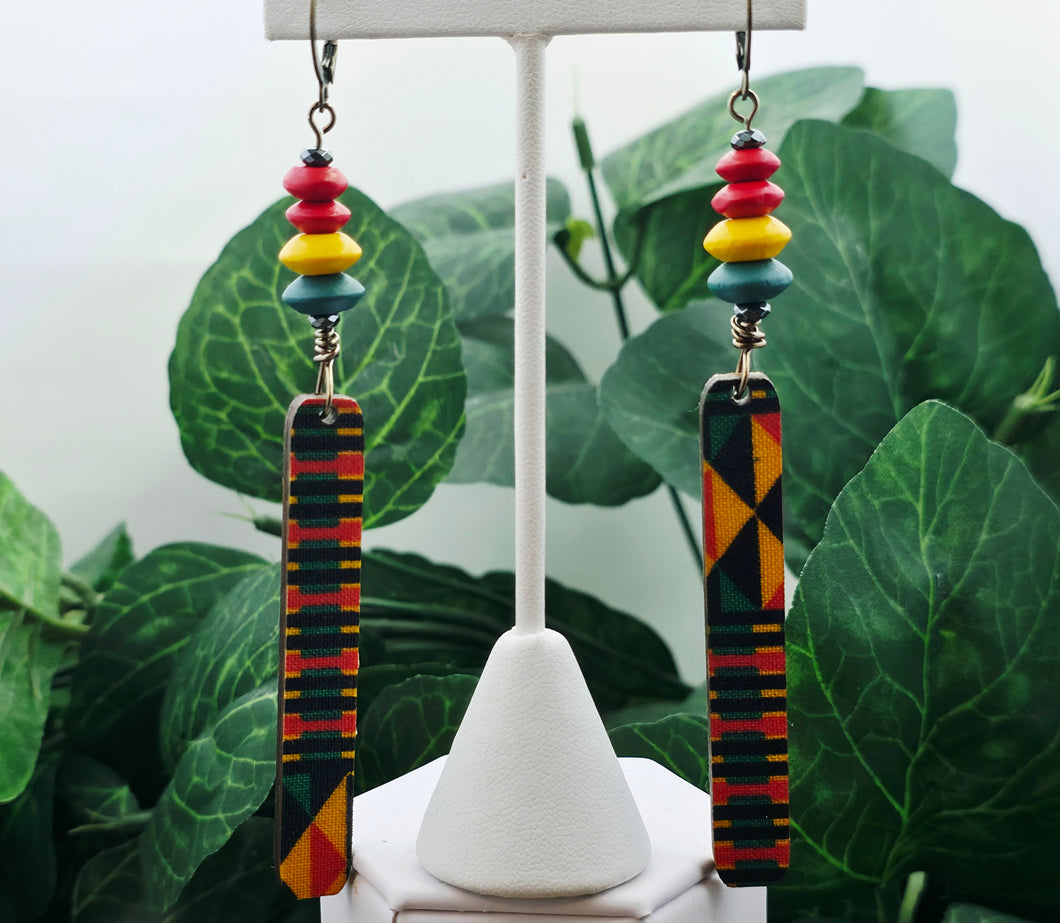 SUPER SLIM RECTANGLED Long Wood Earrings - Kente