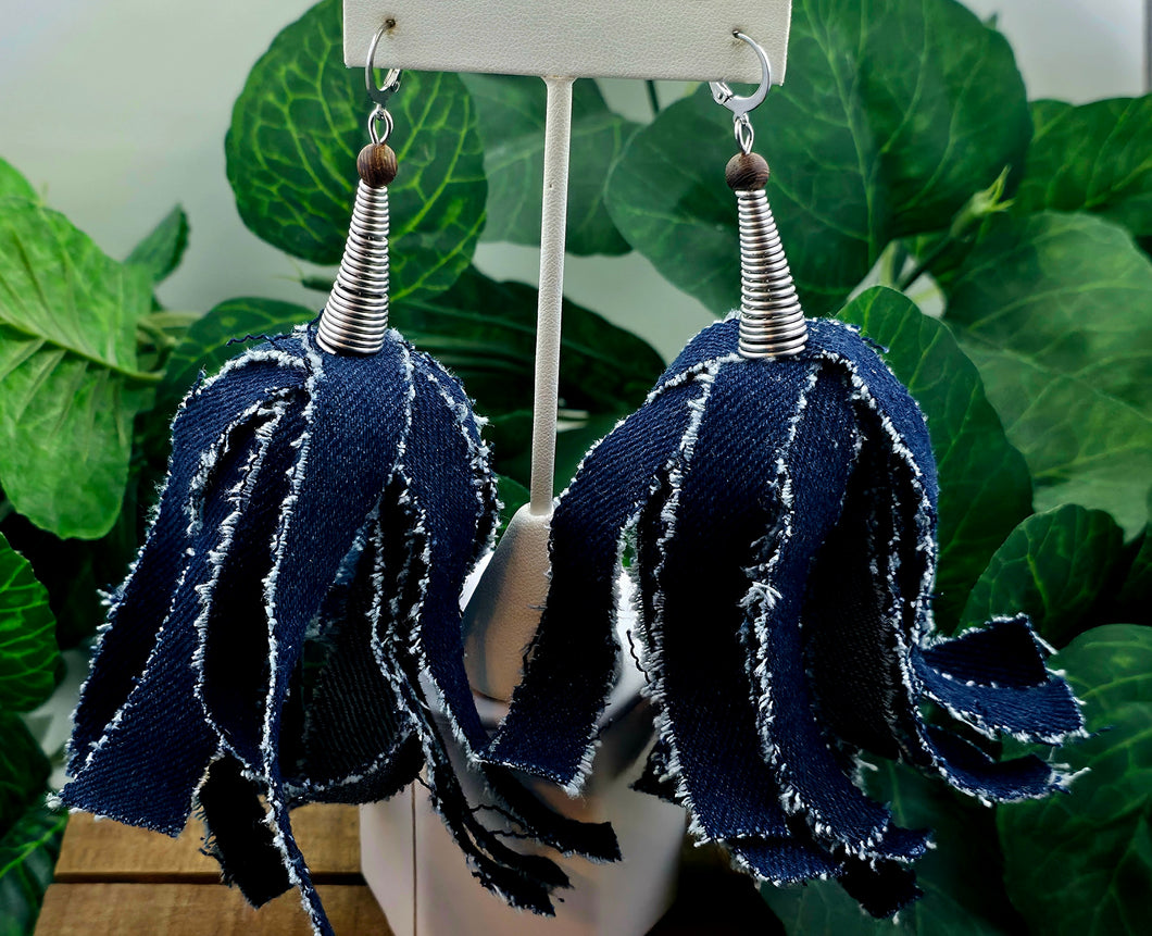 Tassel Denim Puffy Earrings w/Stainless Steel