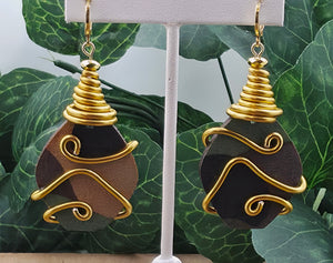 Small Camo Print Bobble Dangle Earrings w/Gold Wrapping