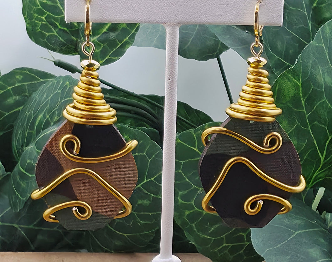 Small Camo Print Bobble Dangle Earrings w/Gold Wrapping