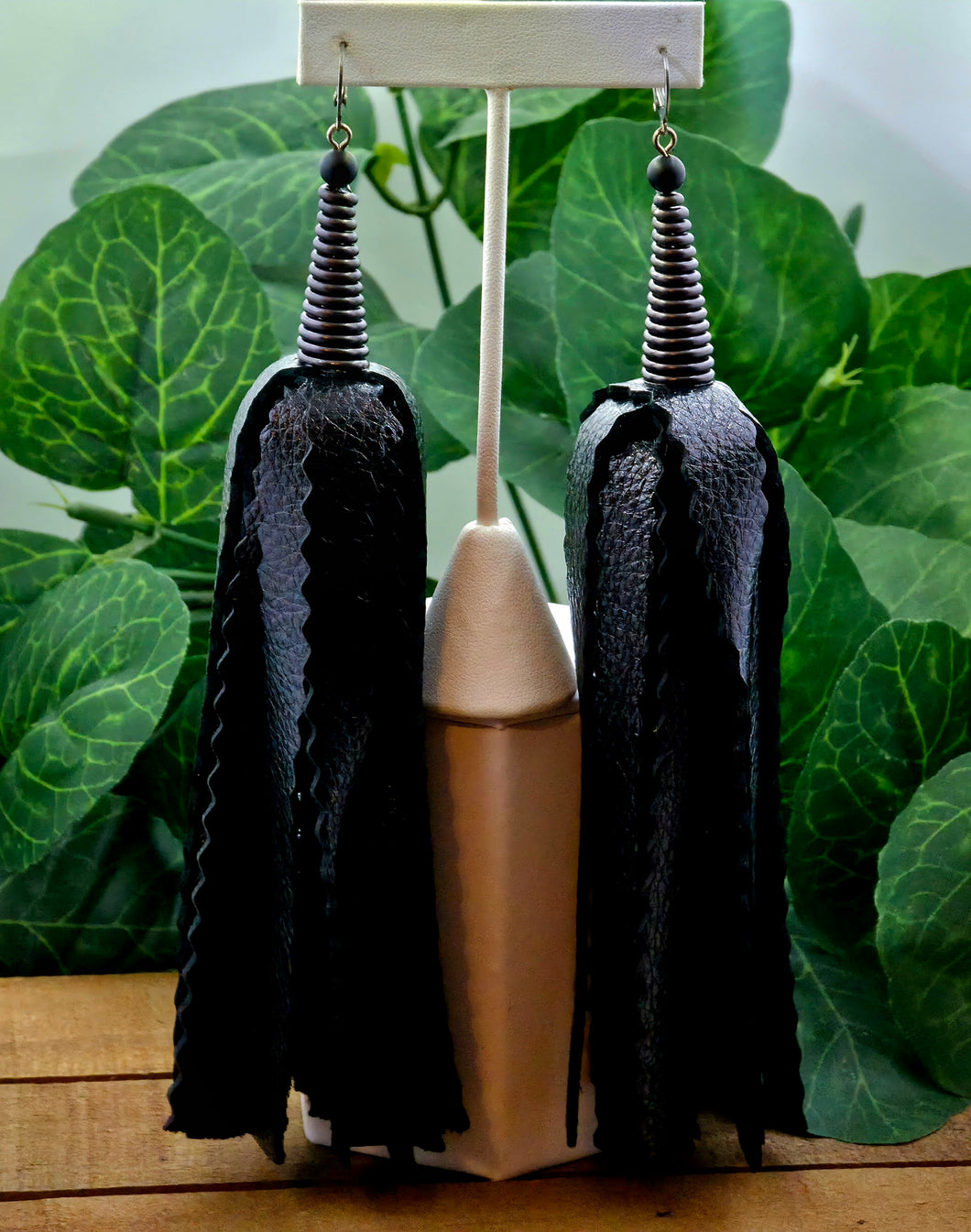 FLUFFY Tassel Leather Earrings-Black