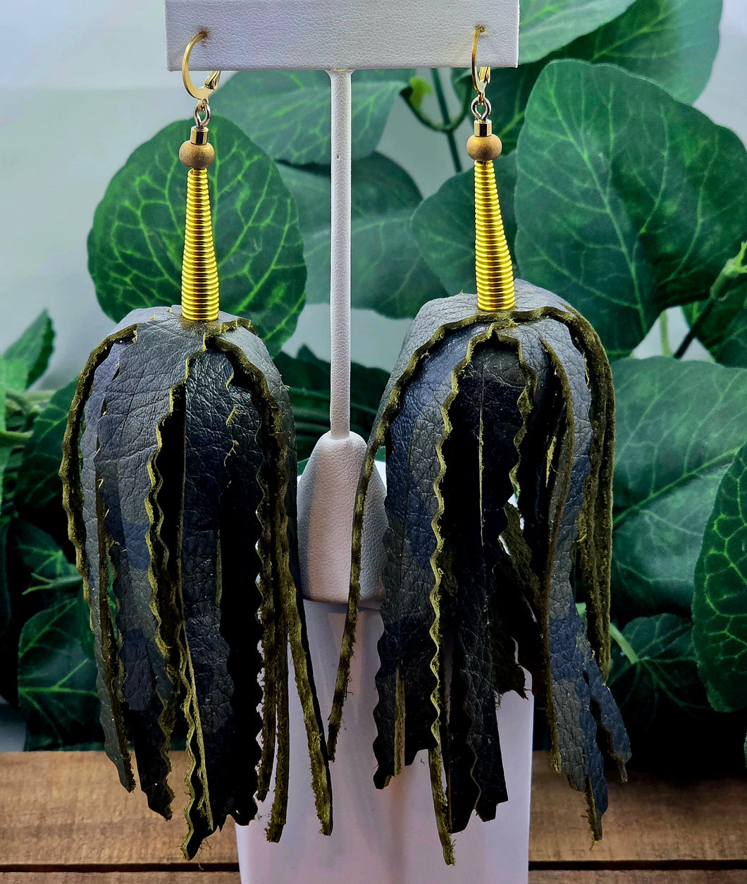 FLUFFY SKINNY Tassel Leather Earrings-Camo