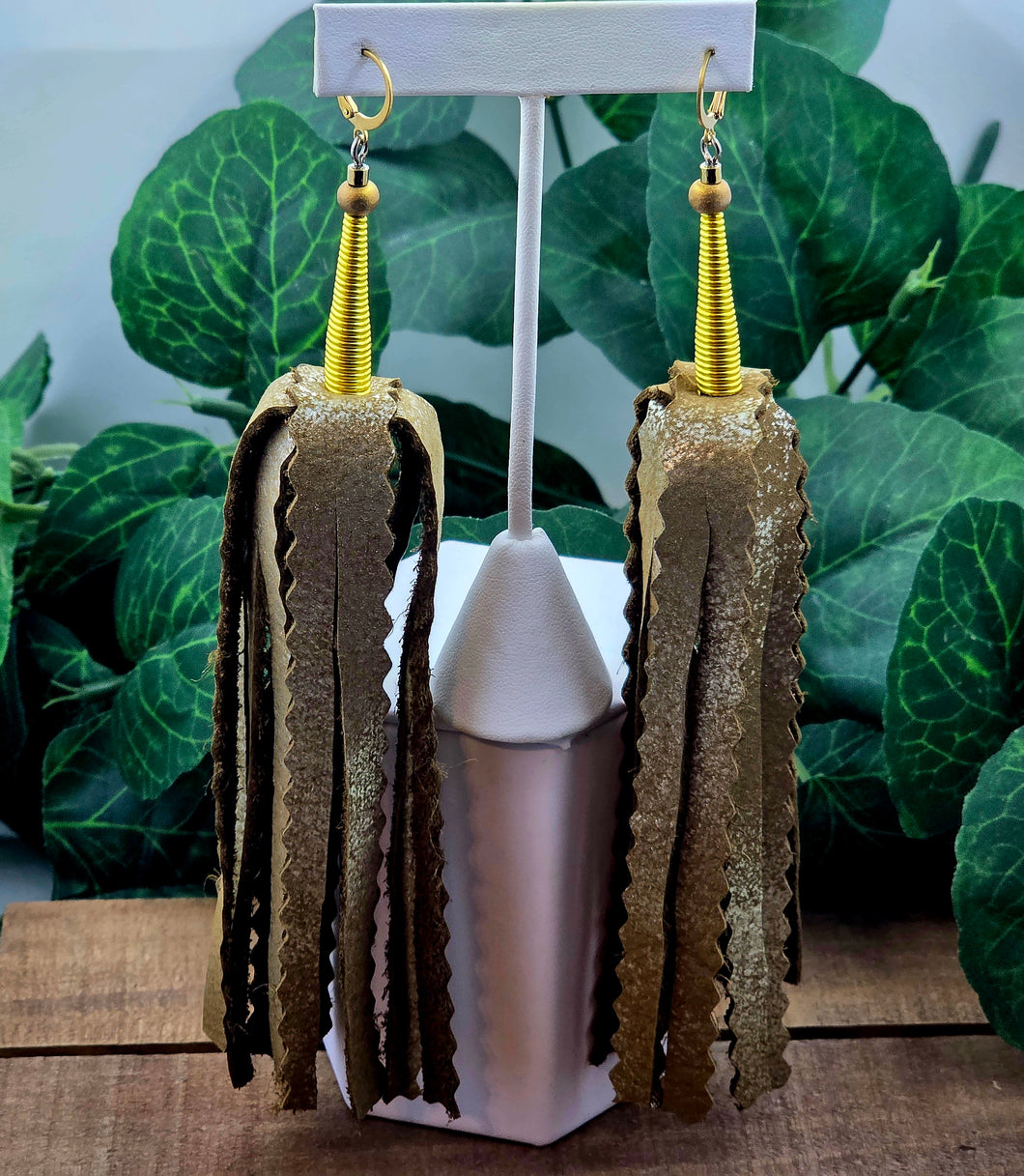 FLUFFY SKINNY Tassel Leather Earrings-Gold and Brown