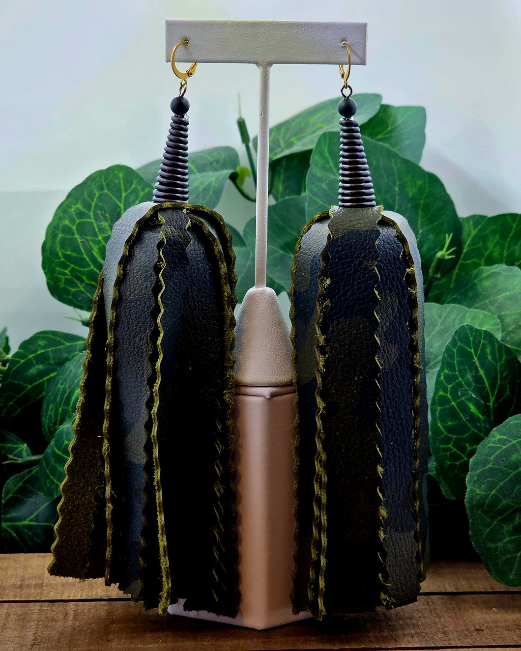 FLUFFY FAT Tassel Leather Earrings-Camo