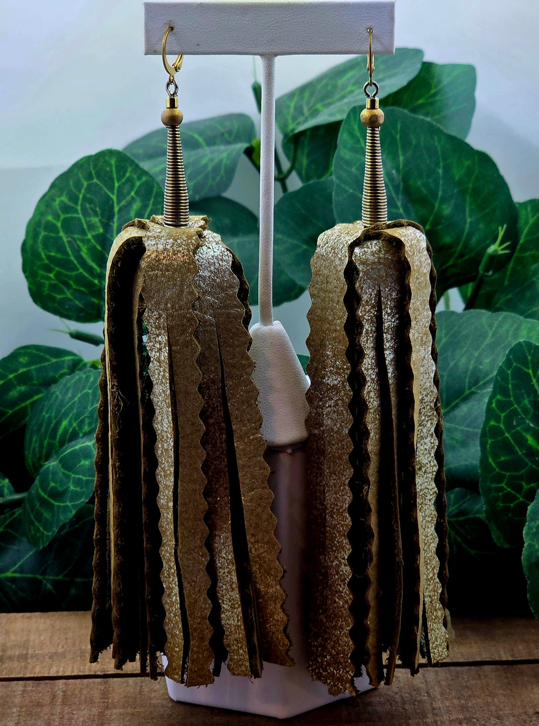 FLUFFY FAT LONG Tassel Leather Earrings-Gold and Brown