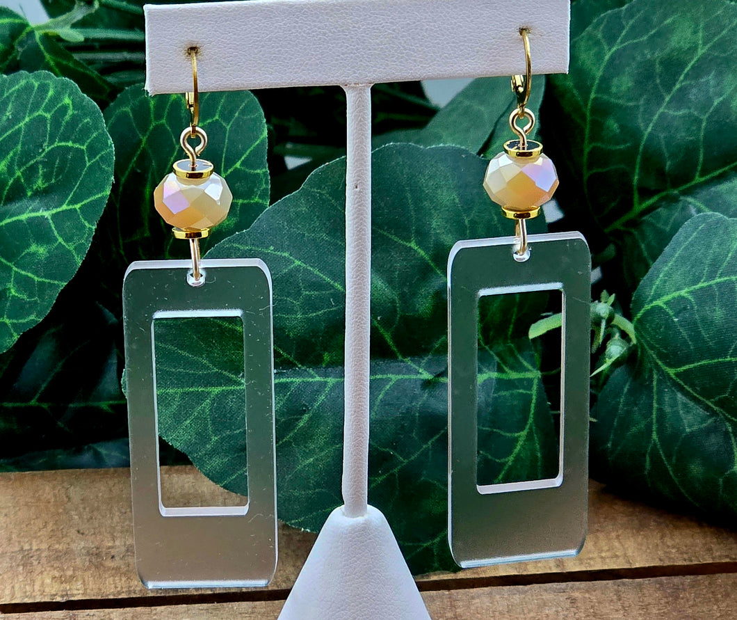 Long Rectangle Hoop Dangle Earrings - Clear Frosted w/Beads