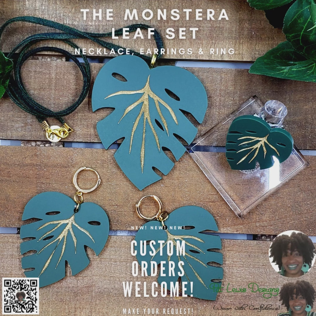 Monstera Leaf Necklace, Earring and Ring Set (3 piece) - Women
