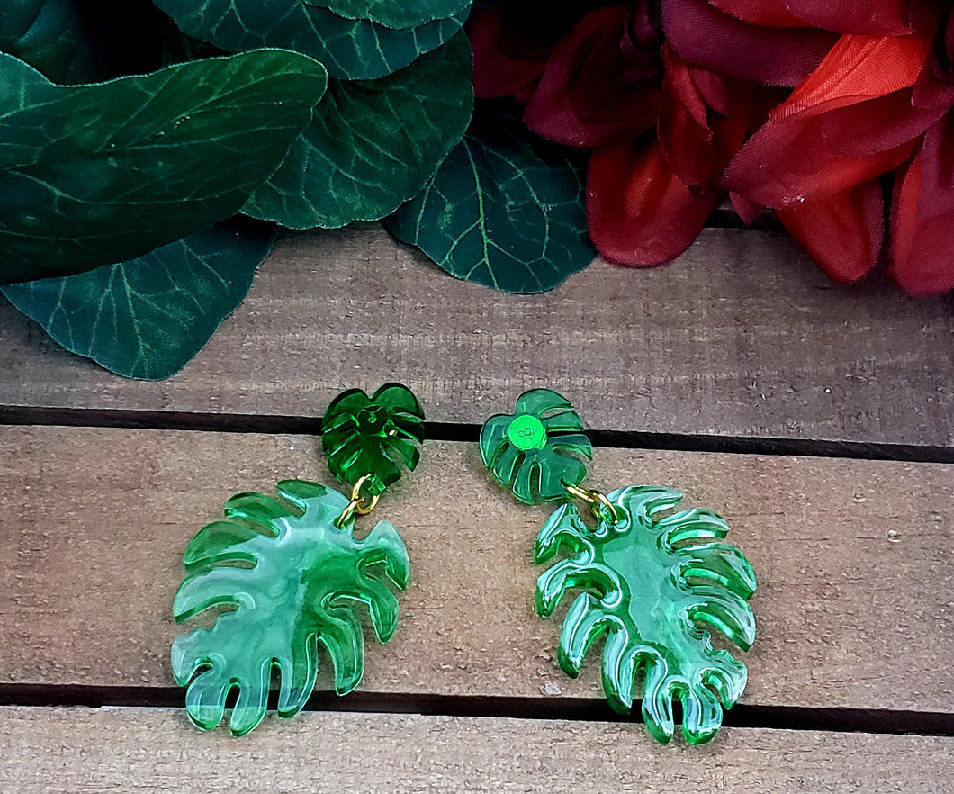 RESIN Emerald Green Double Leaf Dangle Earrings