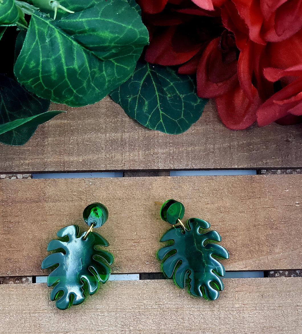 RESIN Emerald Green Leaf Dangle Earrings