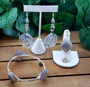 Diamond Agate Bangle, Earrings & Ring Set