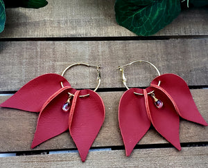 Fancy Flower Leather Hoop Earrings (Red) w/Crystals
