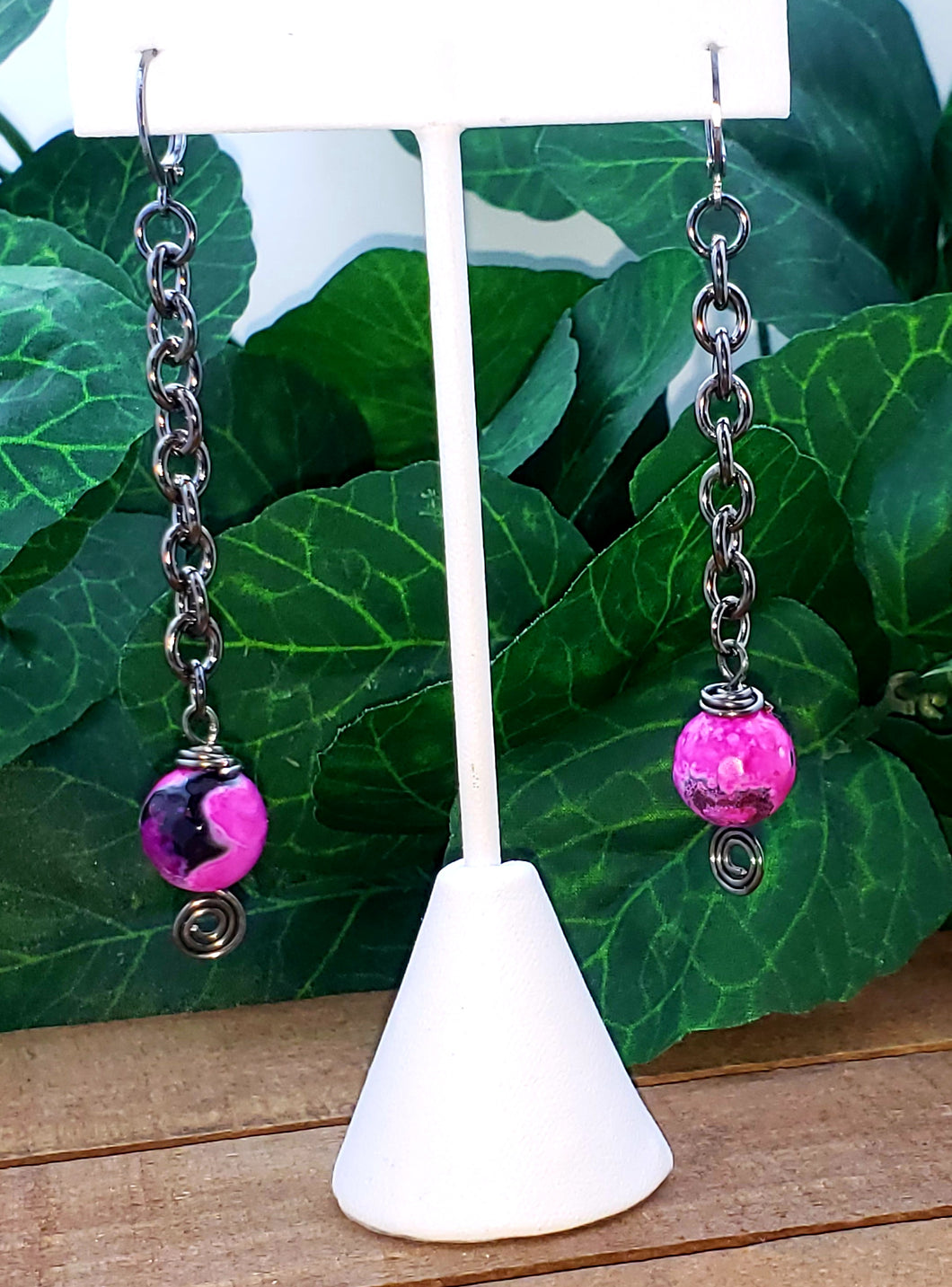 Pink & Black Candy Dropping Ball Chain Earrings