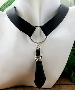 Leather Belt Choker - w/3D Fold Leather Pendant Black w/Silver (Choker Only)