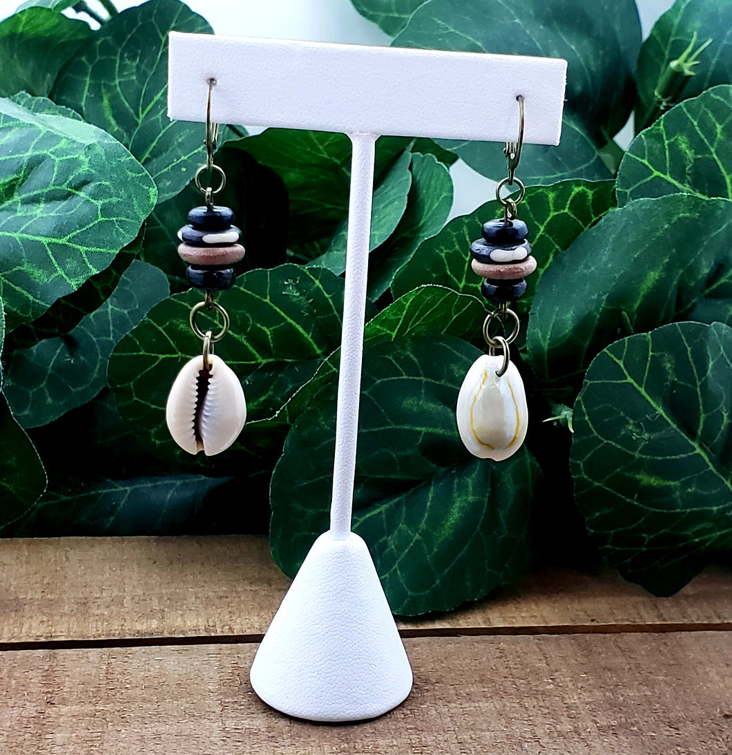 Cowrie & Bone Dangle Earrings (Single-Shell)