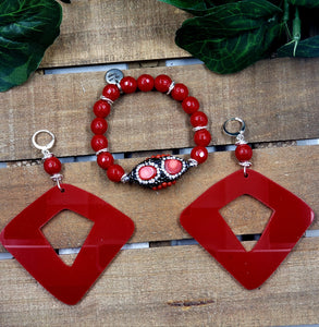 Triangled Right Hoop Earrings w/Precious Stones and Candy Red Bracelet Set