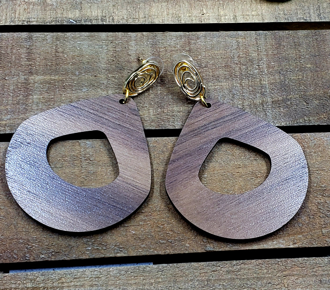 Paddle Hoop Walnut Wood Spiral Post Earrings