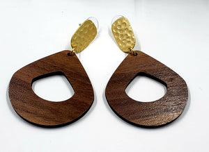 Small Paddle Hoop Walnut Wood Hammered Post Earrings