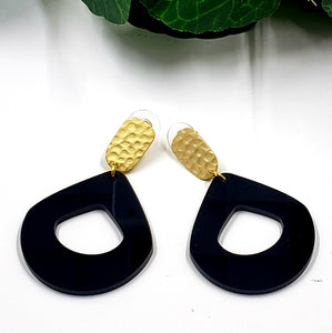 Small Paddle Hoop Glossy Black Hammered Post Earrings